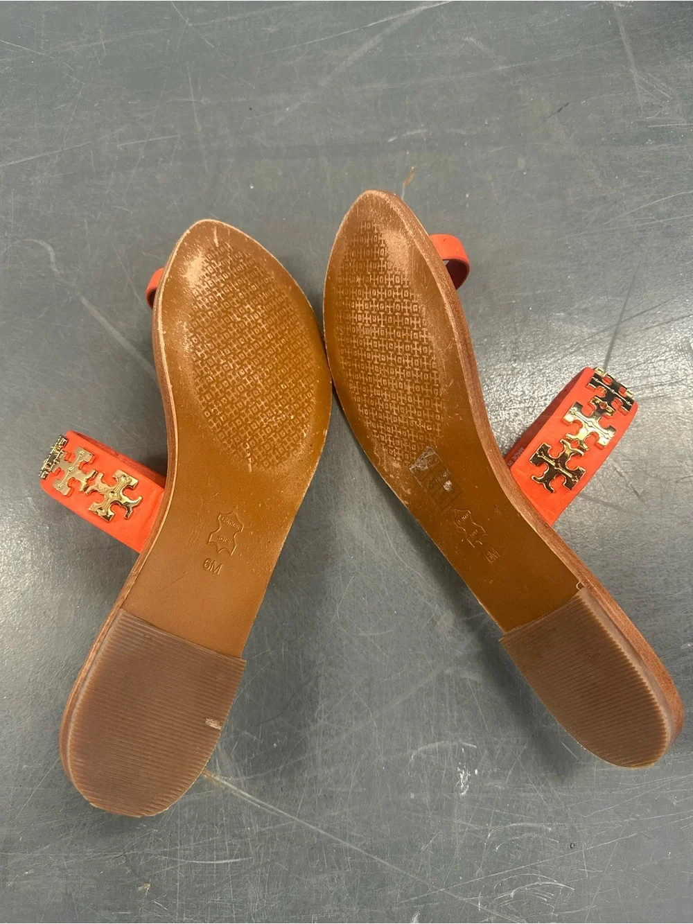 Tory Burch Orange Leather Jolie Toe Ring Slide Sandals Gold Hardware Size 6M
